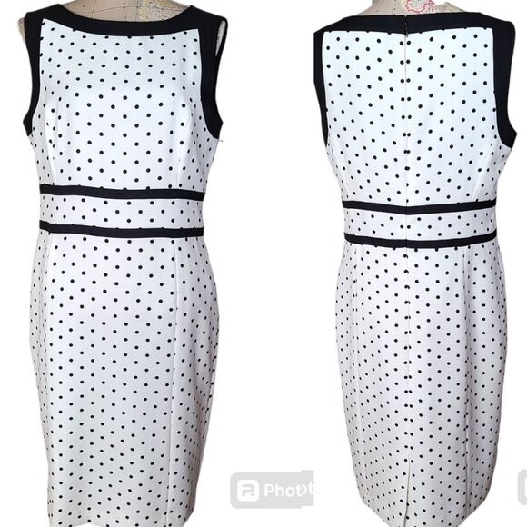 Evan Picone Black Label Size 12 Classy Preppy White Black Polka Dot Sheath Dress - Picture 1 of 12